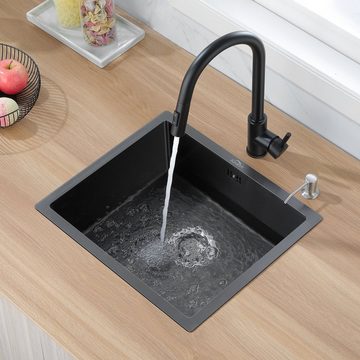 Auralum Küchenspüle Edelstahlspüle Einbauspüle Eckig Spülbecken Verschiedene Modelle, Typ 1-Anthrazit, 50/43 cm, mit Ablaufgarnitur, Flächenbündig, Unterbau oder Einbau