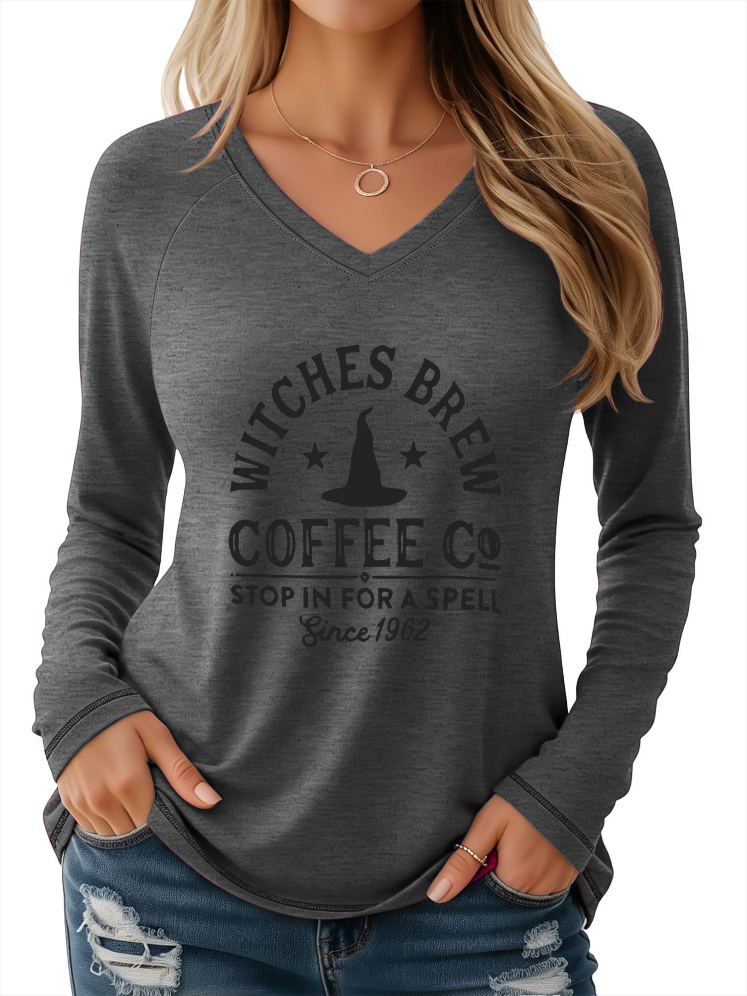 PYLIKE Longsleeve Damen V-Ausschnitt Longsleeve mit Hexenhut Print-Shirt Halloween Special Feiertag tragen