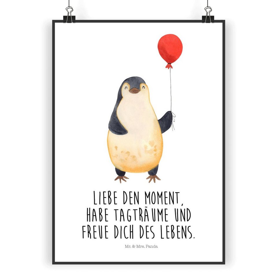 Mr. & Mrs. Panda Poster DIN A5 Pinguin Luftballon - Weiß - Geschenk, Poster,  Wanddeko, Bild, Pinguin Luftballon (1 St)