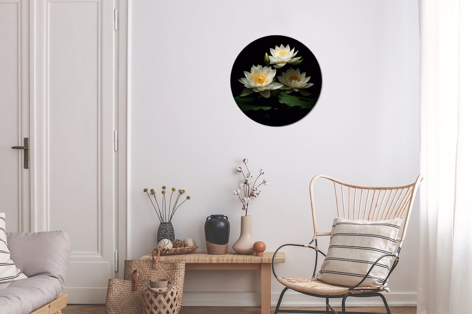 MuchoWow Wandsticker Lotus - Blumen Tapetenaufkleber, St), Tapetenkreis Kinderzimmer, - Weiß - Rund, für Schwarz - Natur (1 Wohnzimmer
