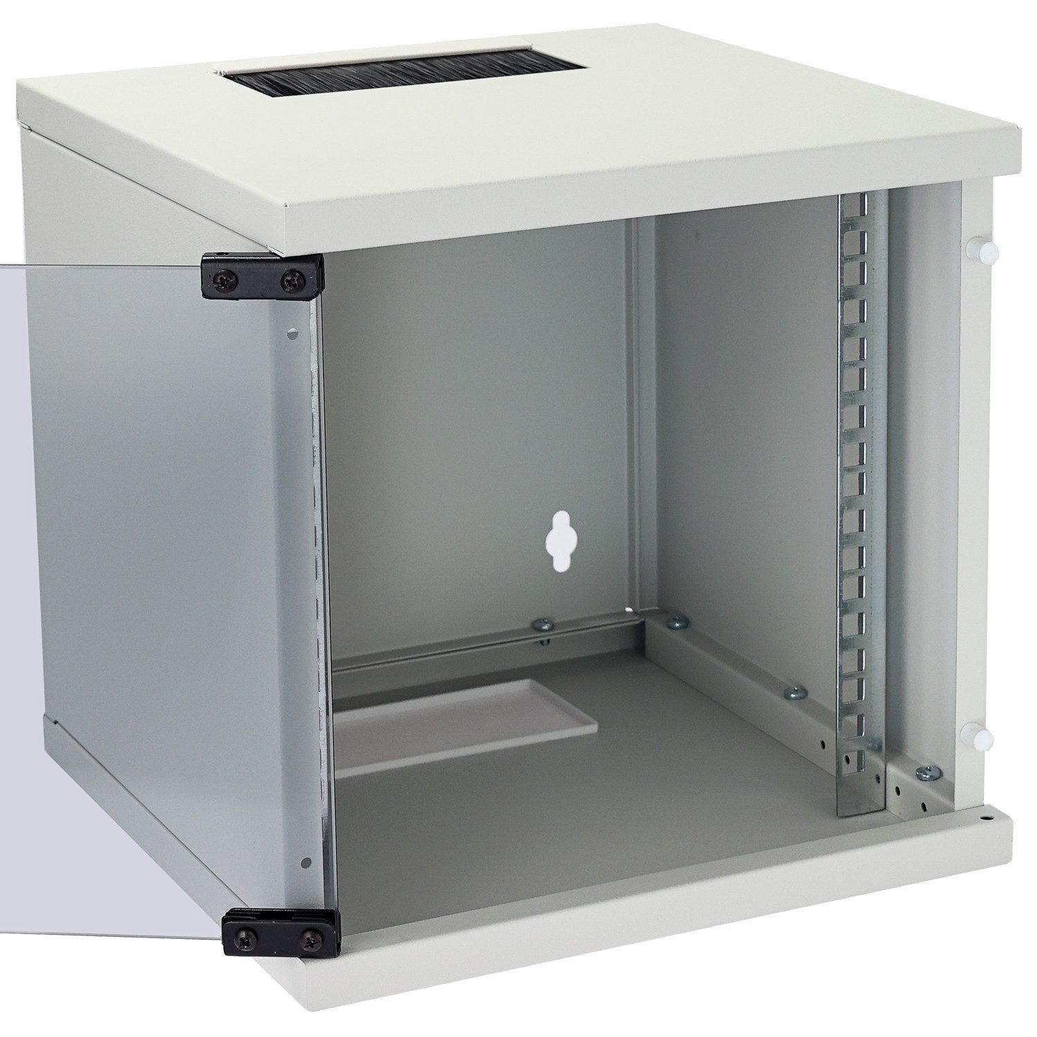HMF Serverschrank Netzwerkschrank, Serverschrank 10 Zoll, 6 HE, 300 mm Tiefe, Voll montiert, Glastür, Lichtgrau