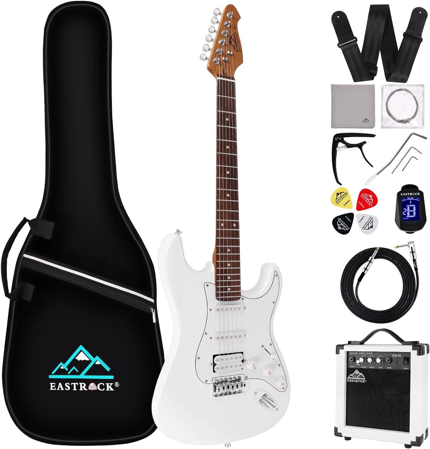 EASTROCK E-Gitarre Instrumentenkabel, Ersatzsaiten,E Gitarren Set 39 Zoll  Elektrogitarre, 6-St., mit Verstärker 10 Watt, Gitarre Tasche, Plektrum,  Gurt, Stimmgerät