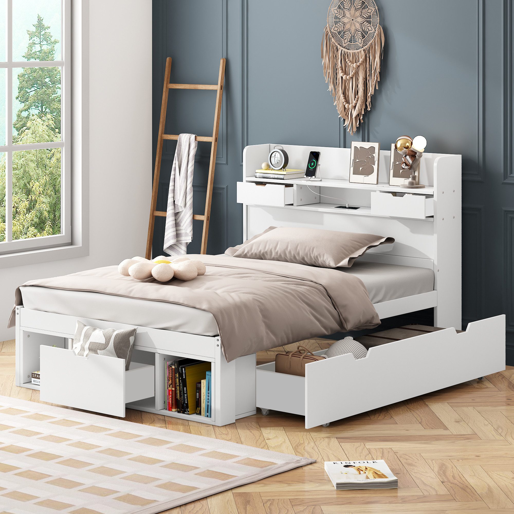 STILVORA Bettgestell 90×200 Jugendbett mit USB-port & Stauraum,Funktionsbett ohne Matratze (2 Schubladen,2 Stauschrank), mit USB-port, Schubladen und Stauschrank, ohne Matratze