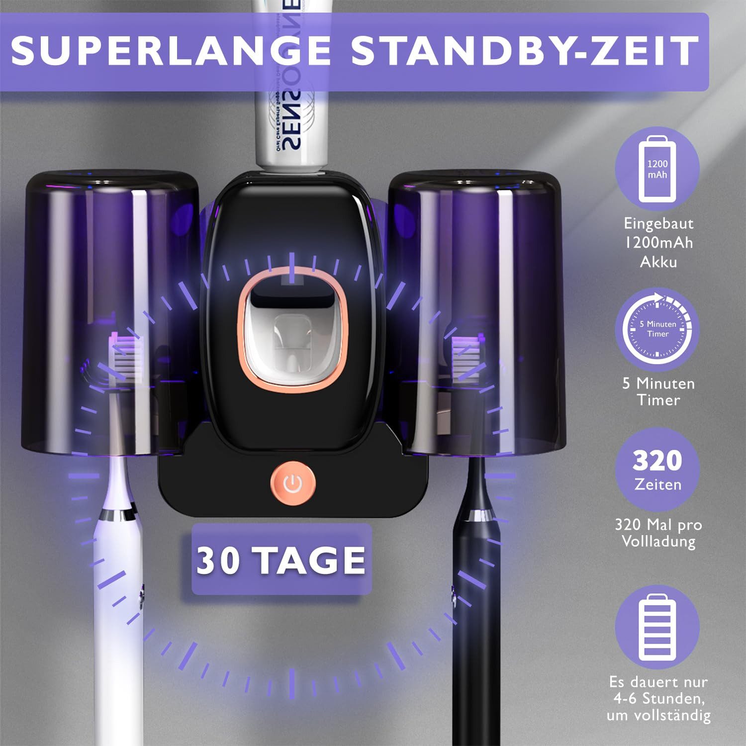 MOPUEA Zahnbürstenhalter Zahnbürstenhalter UV Desinfektions Zahnbürsten Halter mit 4 Schlitze, (Automatischer Zahnpastaspender, mit 2 herausnehmbarer Becher, 1- – Bild 3 von 5