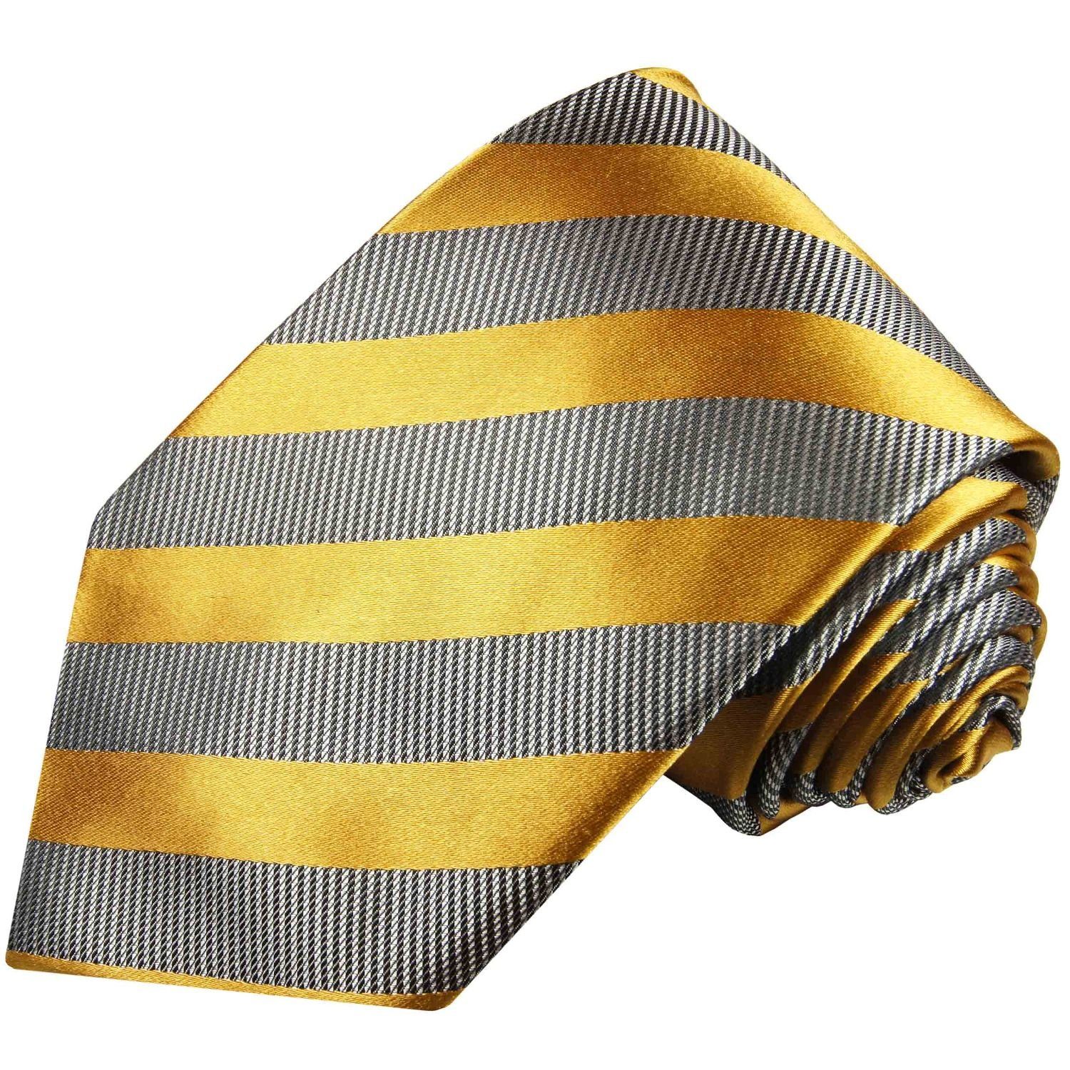Tuch mit gestreift 640 Paul 2-St., Herren modern 100% Seide (8cm), Malone Einstecktuch) mit Krawatte grau Krawatte Breit gold (Set, Seidenkrawatte