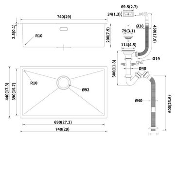 Lonheo Küchenspüle 74*44 cm Spülbecken Edelstahlspüle mit Siphon Einbauspüle, + Küchenarmatur mit Ausziehbar Brause Mischbatterie