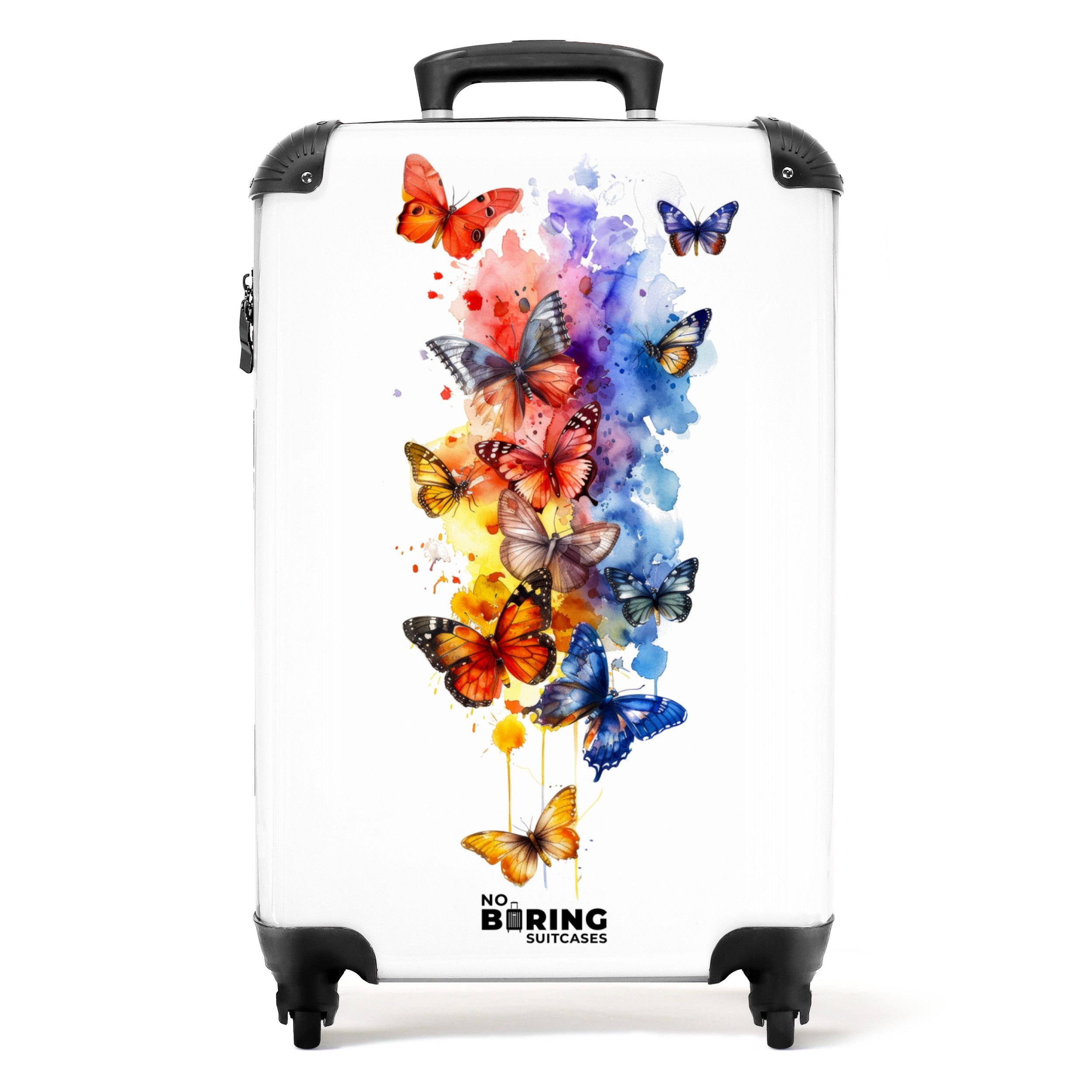 NoBoringSuitcases.com© Kinderkoffer Bunte Schmetterlinge mit Farbspritzern 55x35x20cm, 4 Rollen, Kinder Koffer Klein, Trolley Handgepäck