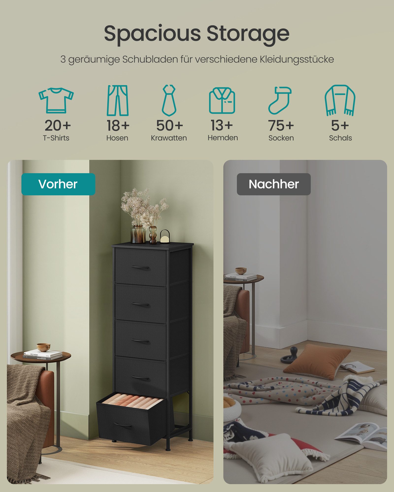 SONGMICS Kommode Schrank, Aufbewahrungsschrank, Stahl, MDF, Vliesstoff, für Schlafzimmer