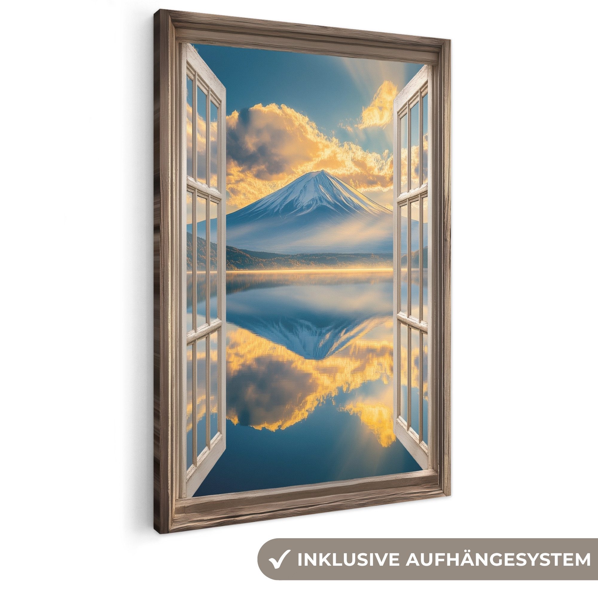 OneMillionCanvasses® Leinwandbild Aussicht - Landschaft - Berge - Ansichten - Fenster, Fotodruck (1 St), Bilder groß Wohnzimmer Schlafzimmer 80x120 cm