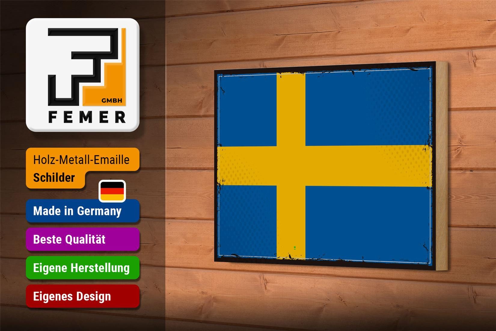 Femer GmbH Holzbild Flagge Schwedens 18x12 cm Retro Flag of Sweden, Flaggen (1 St), Glatte Holzfaserplatte (MDF), vorn beschichtet