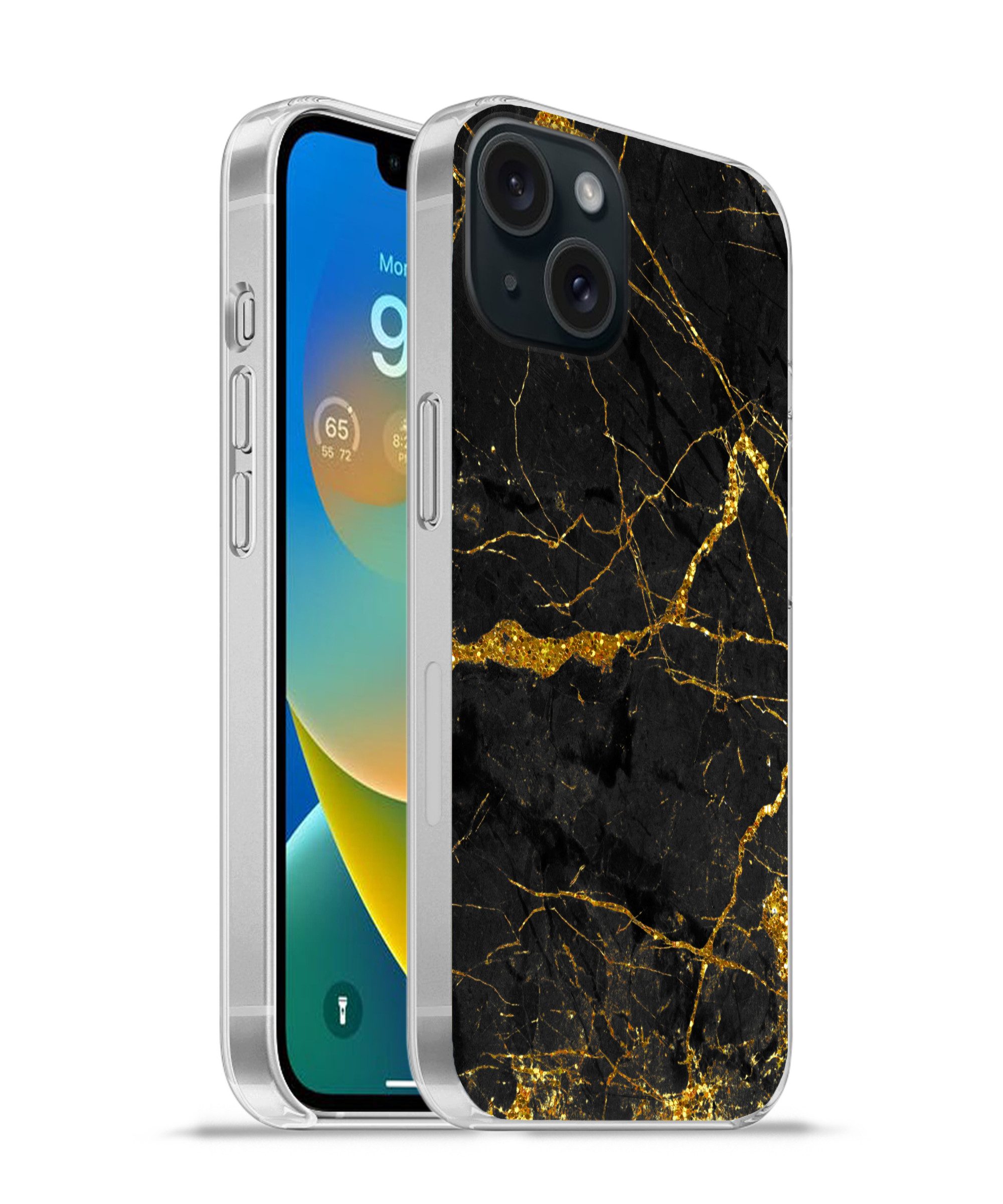 MuchoWow Handyhülle für Apple iPhone 15 Marmor - Gold - Schwarz - Marmoroptik - Luxus - Gl, Smartphone-Bumper, Print, Handy Schutzhülle Dünn