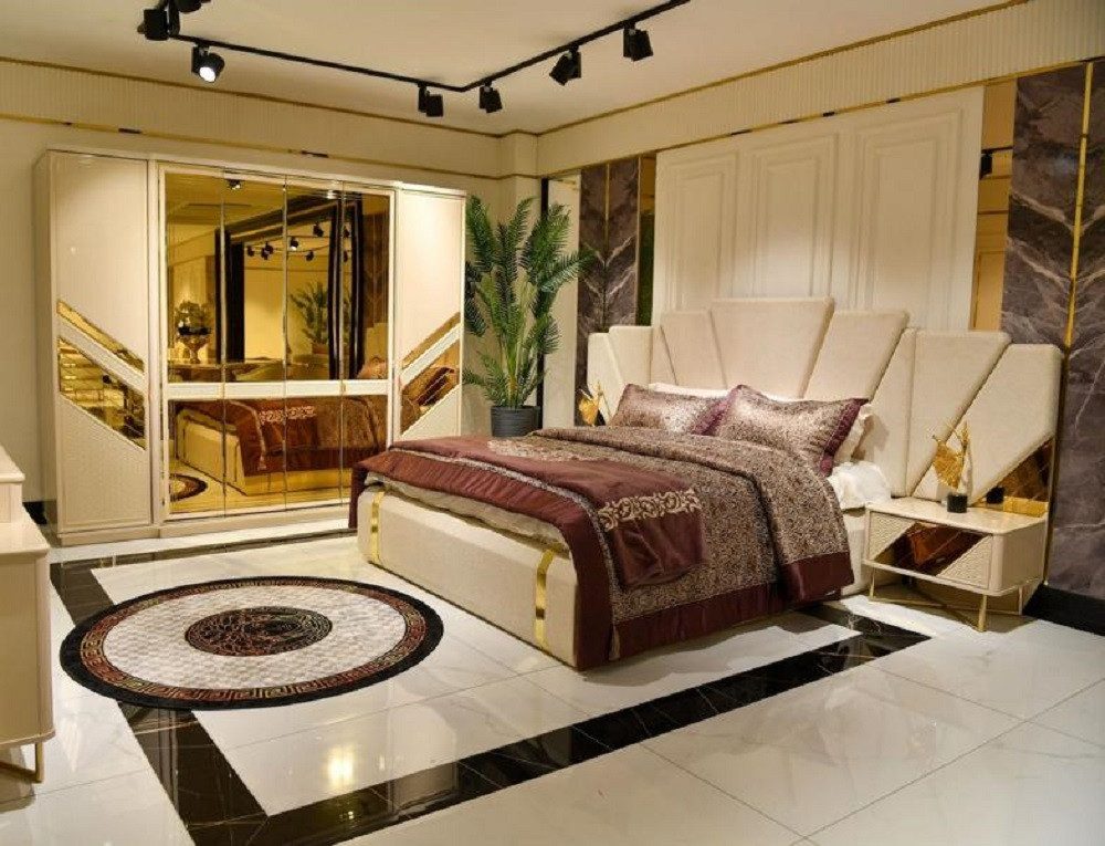 Schlafzimmer-Set Doppelbett Kleiderschrank Spiegeltür Nachttische Gold Beige
