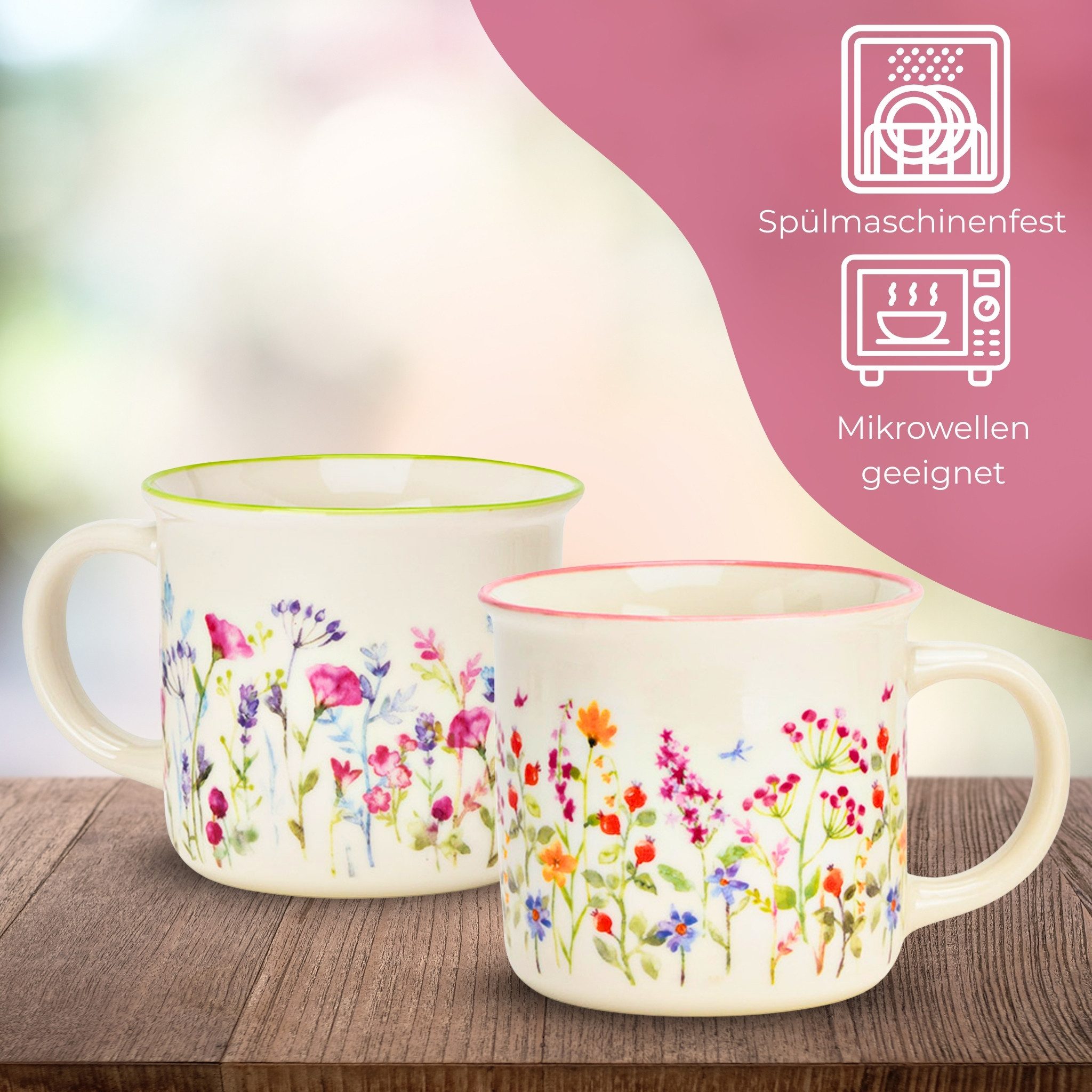 matches21 HOME & HOBBY Tasse Kaffeetassen Blumenwiese, 4er Set Kaffeetasse Bunt, 4-tlg., Porzellan, Frühstückstasse 355 ml mit floralem Design