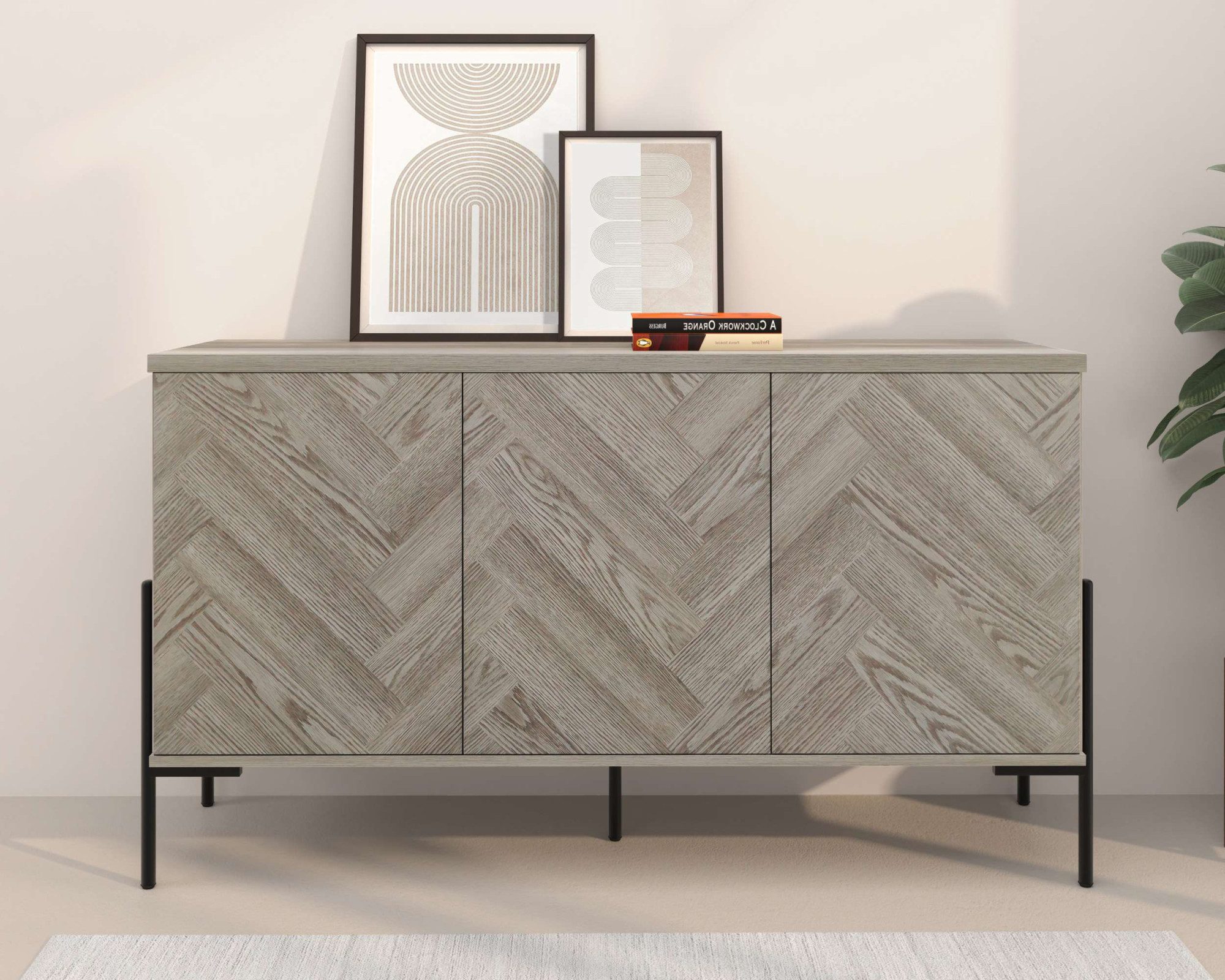 Leonique Sideboard Eadwine, Kommode, Push-to-open, Türen mit Fischgräten Muster, Breite 130 cm