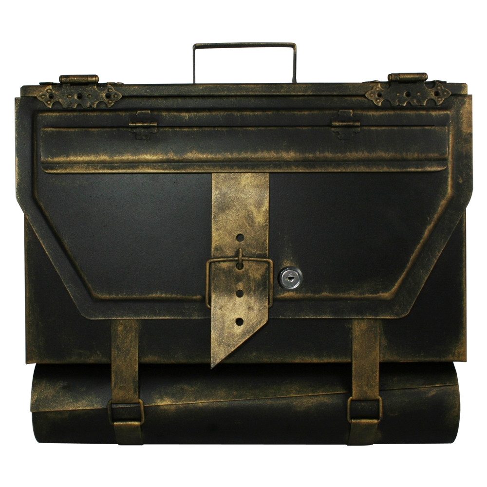 HMF Wandbriefkasten robuster Briefkasten Antik UNIKAT Aktentasche Design, mit Zeitungsrolle, 40 x 25 x 8 cm, Gold-Schwarz