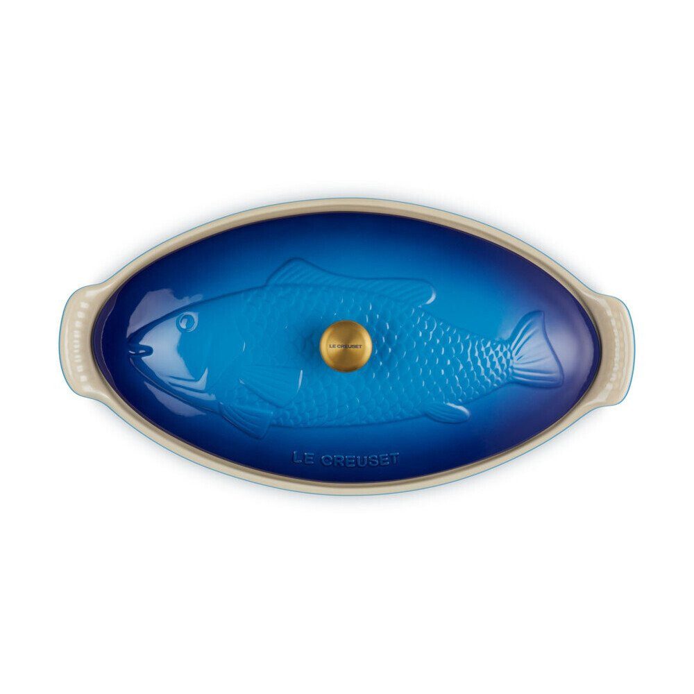 LE CREUSET Backform Fischbackform mit Deckel 34 cm Tradition Azure, (1-tlg), Fischbräter, Fischform mit Deckel, geriffelter Boden, blau – Bild 4 von 5