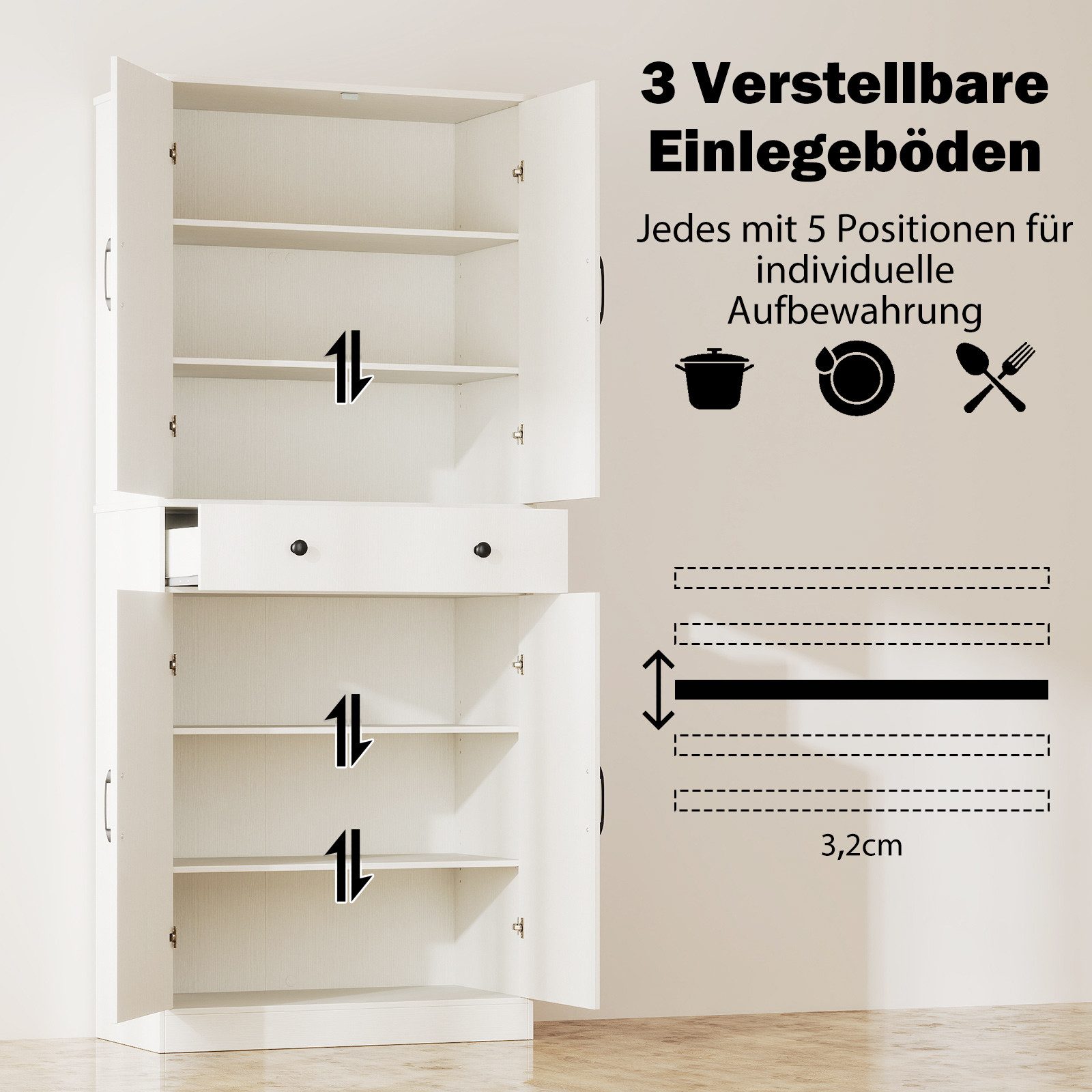 COSTWAY Vorratsschrank Küchenbuffet mit verstellbarem Regal, Schublade weiß – Bild 4 von 5