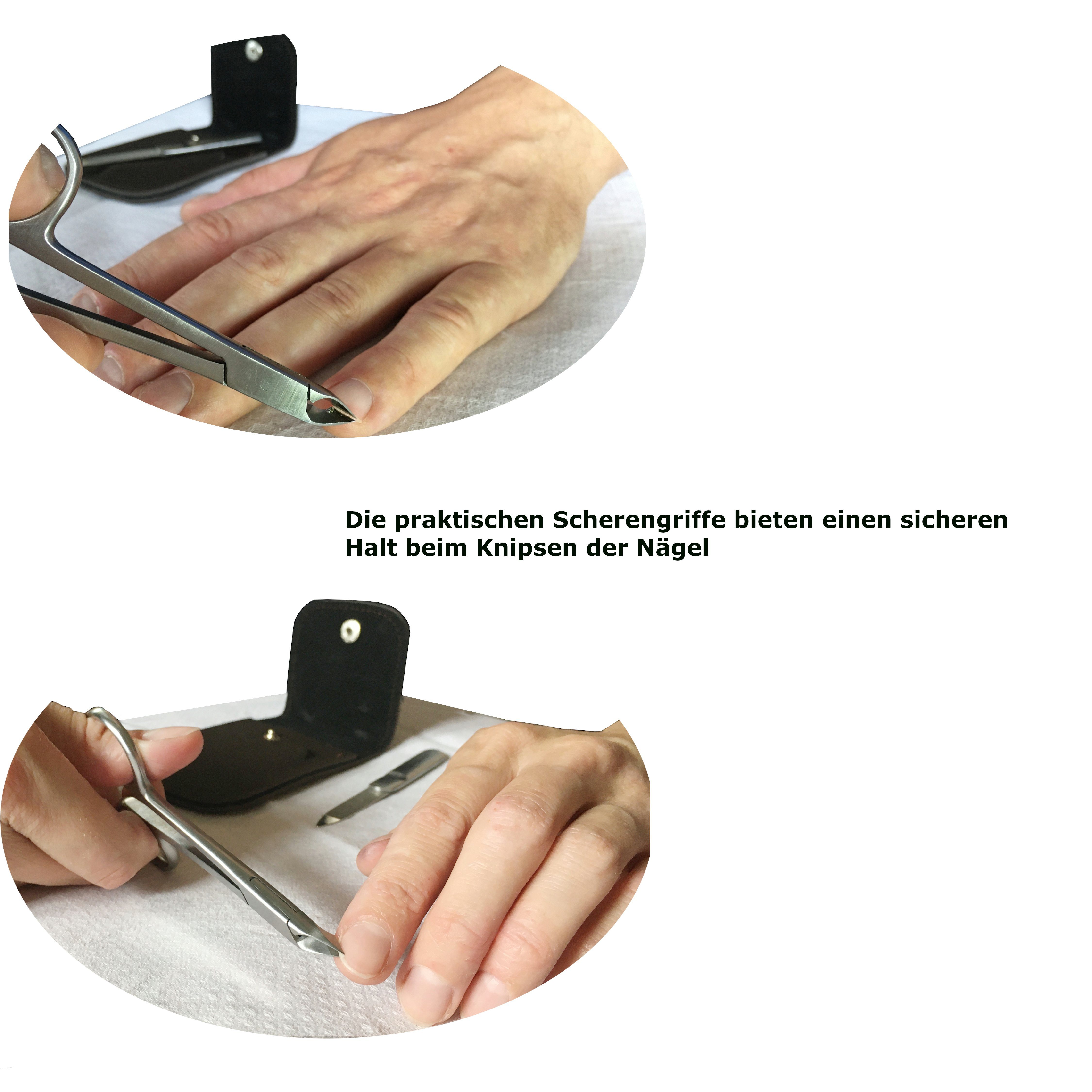 Nagelwerkstatt Nagelschere Profi Nagelknipser extra feine Feile und Schneide Etui Linkshänder Nagelknipser edelen für Gebogene, sehr rostfreiem - Finger- in - einem 3-tlg), auch (Set, - aus Fußnägel geeignet, für scharfe Edelstahl inklusive