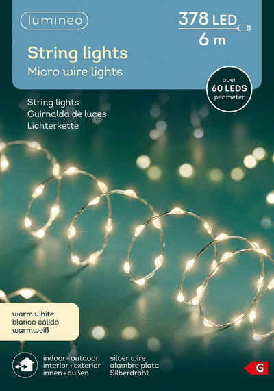 Lumineo LED-Lichterkette Lumineo Lichterkette String Lights 378 LED 6 m warm weiß, silber, Indoor, Outdoor, 5 m Zuleitung