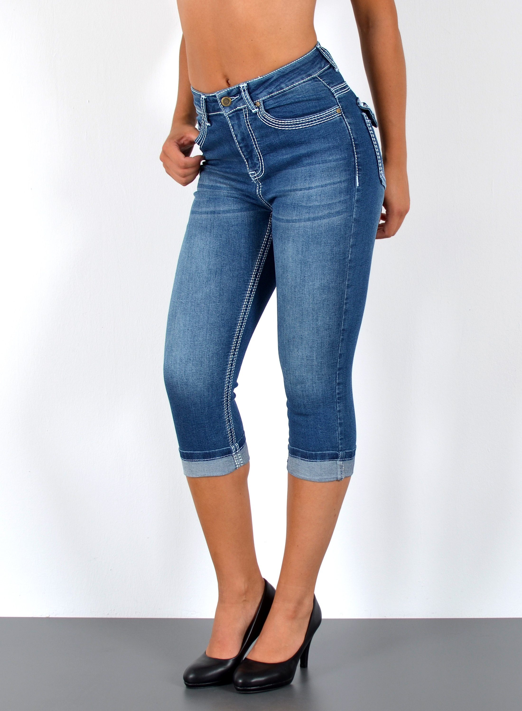 ESRA Caprijeans Damen 3/4 Capri Jeans-Hose mit Kontrast-Nähte bis Große Größen J563 Damen High Waist Capri Jeans Stretch Jeans dicke Naht bis Übergröße