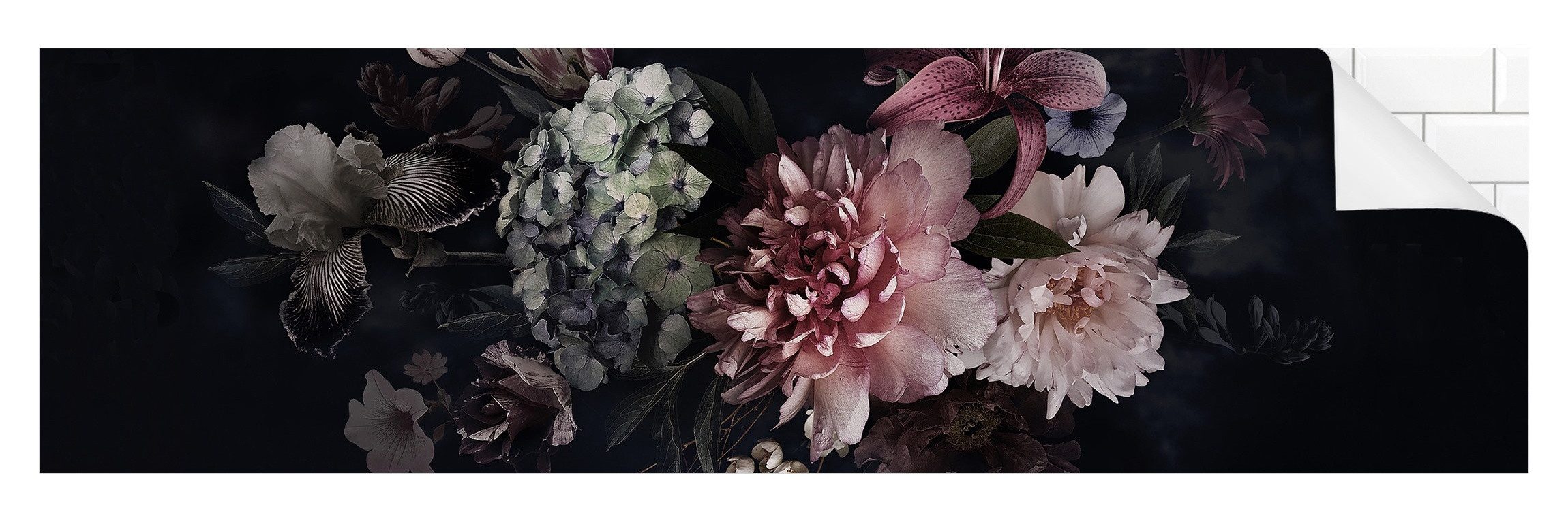 Bilderdepot24 Badrückwand schwarz fugenlose Wandverkleidung Bad Fotomontage, (Hartfolie matt » Selbstklebend SMART 0,35 mm), wasserfestes Wandpaneel Blumen Nebel Schwarz