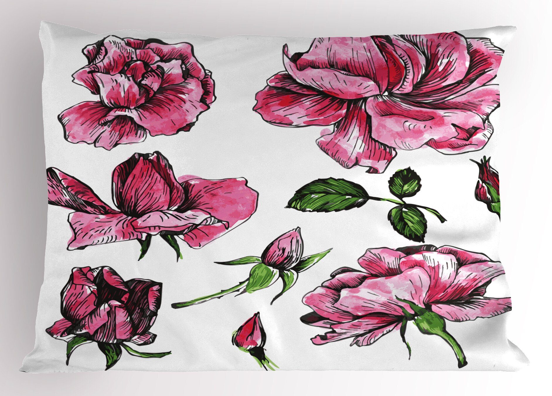 Size Abakuhaus Gedruckter rosa-Grün Kissenbezüge Standard (1 Garten-Blumen-Rosen-Knospen Stück), Dekorativer Kopfkissenbezug,