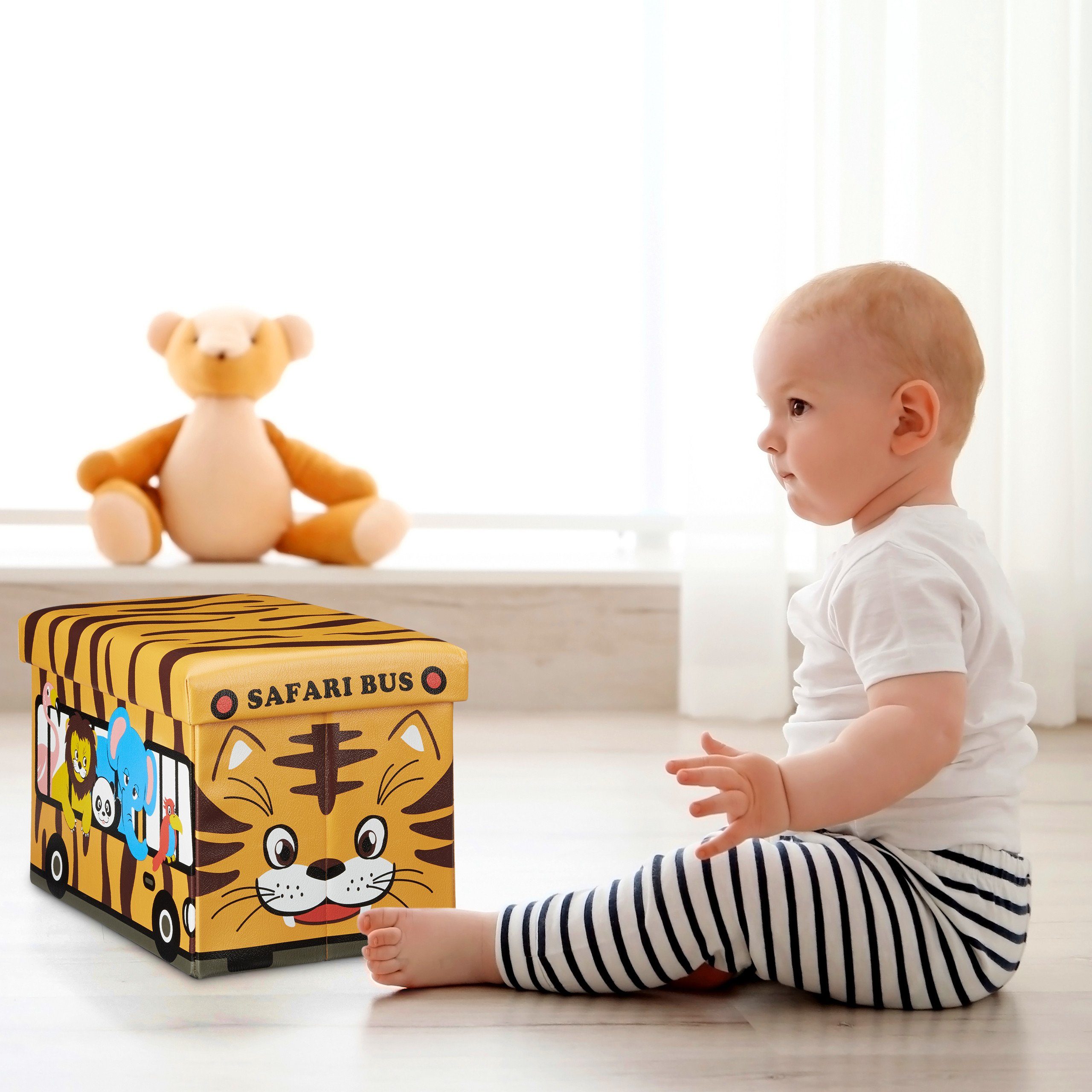 relaxdays Spielzeugtruhe Faltbare Spielzeugkiste mit Stauraum, Safari Bus