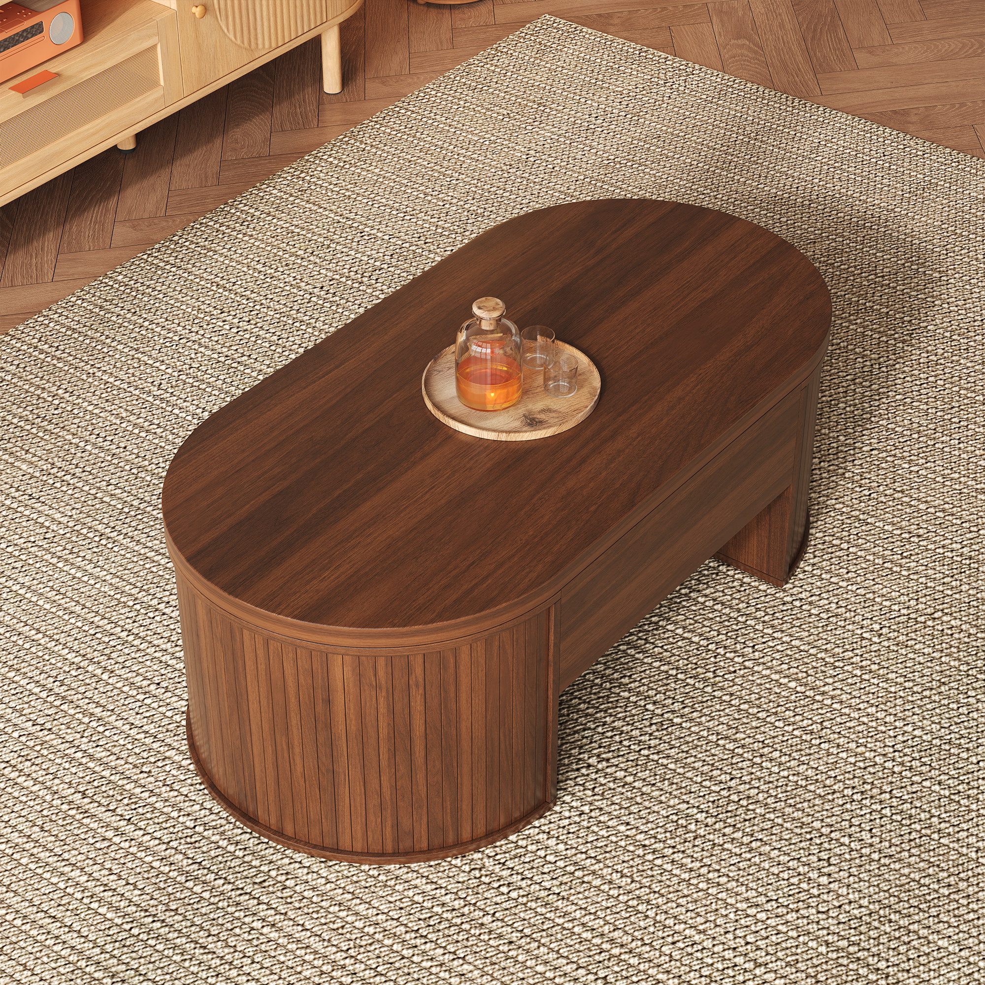 MODFU Couchtisch höhenverstellbarer Couchtisch mit Holzoptik (Beistelltisch, Sofatisch, 1-St., ausziehbarem Regal), mit gebogenen Holzseiten