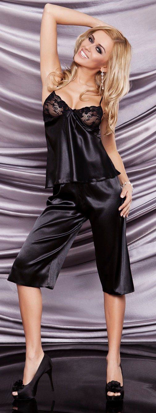 Nachtwäsche-Set sinnliches DKaren in schwarz Satin-Look 2teiliges elegantem Capri-Pyjama