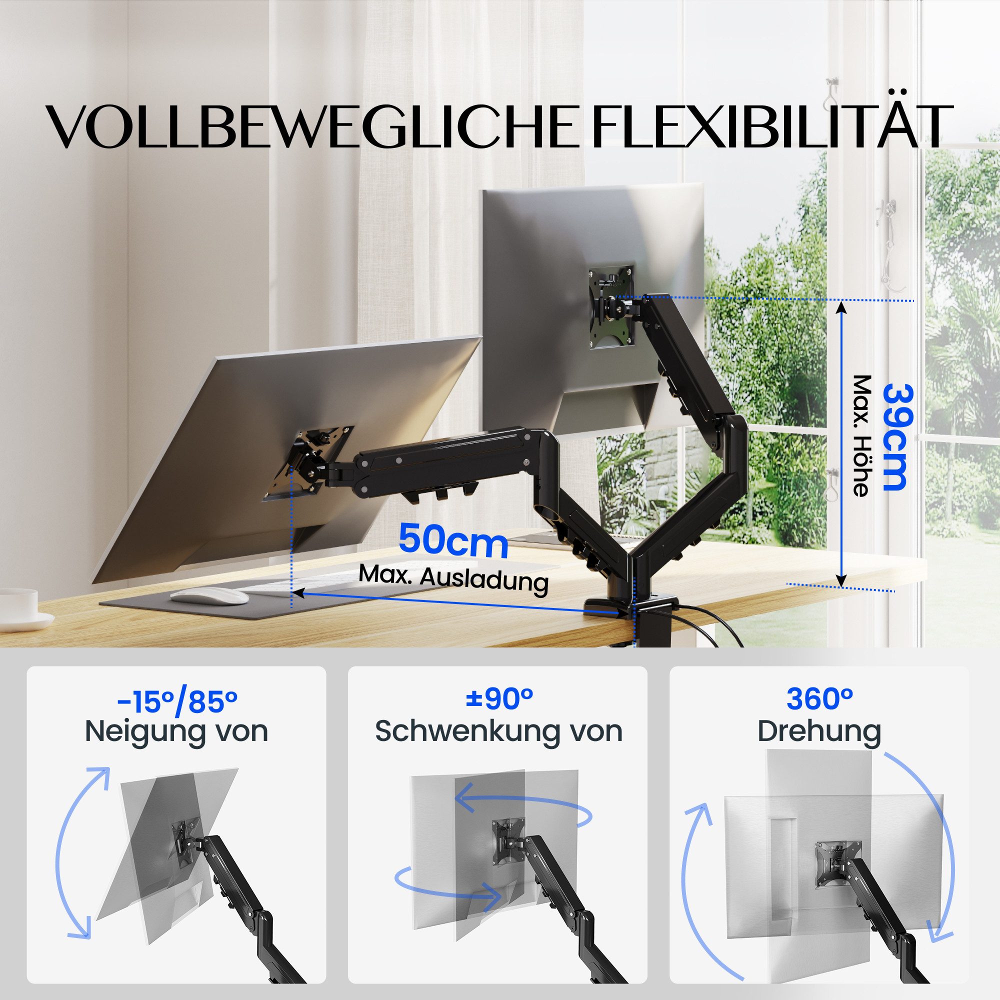 FLEXISPOT Monitorständer Ergonomische Monitorhalterung für Schreibtisch, flexibel verstellbar, (bis 32 Zoll, VESA 75/100 mm kompatibel mit USB-Anschluss, 2-tlg., höhenverstellbar bis 39 cm, bis 9 kg je Arm)