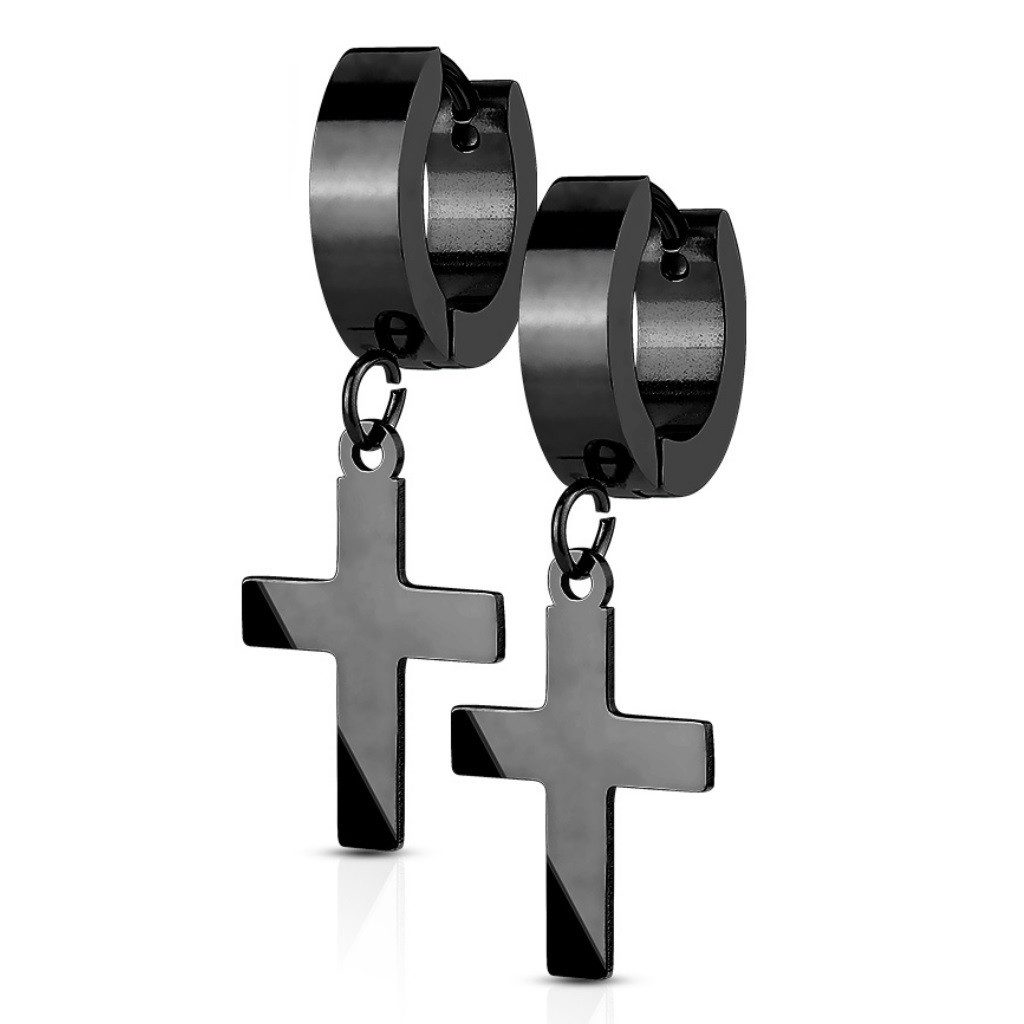Creolen-Set Schwarz - Creolen mit Anhänger Kreuz aus Edelstahl Damen