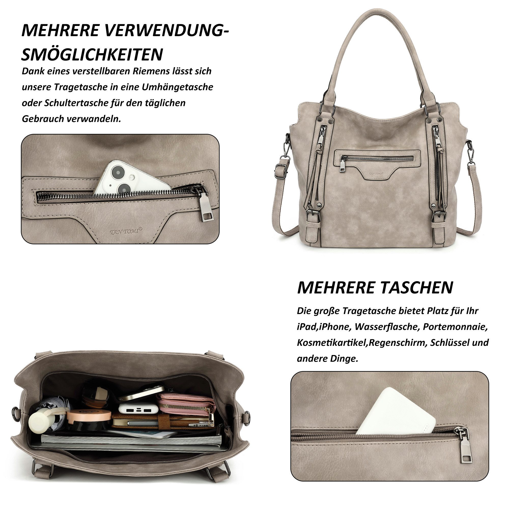 TAN.TOMI Handtasche Damen Shopper - Set Schultertasche Henkeltasche Umhängetasche, Mit abnehmbarem Schultergurt für Büro Schule Einkauf Reise – Bild 5 von 5