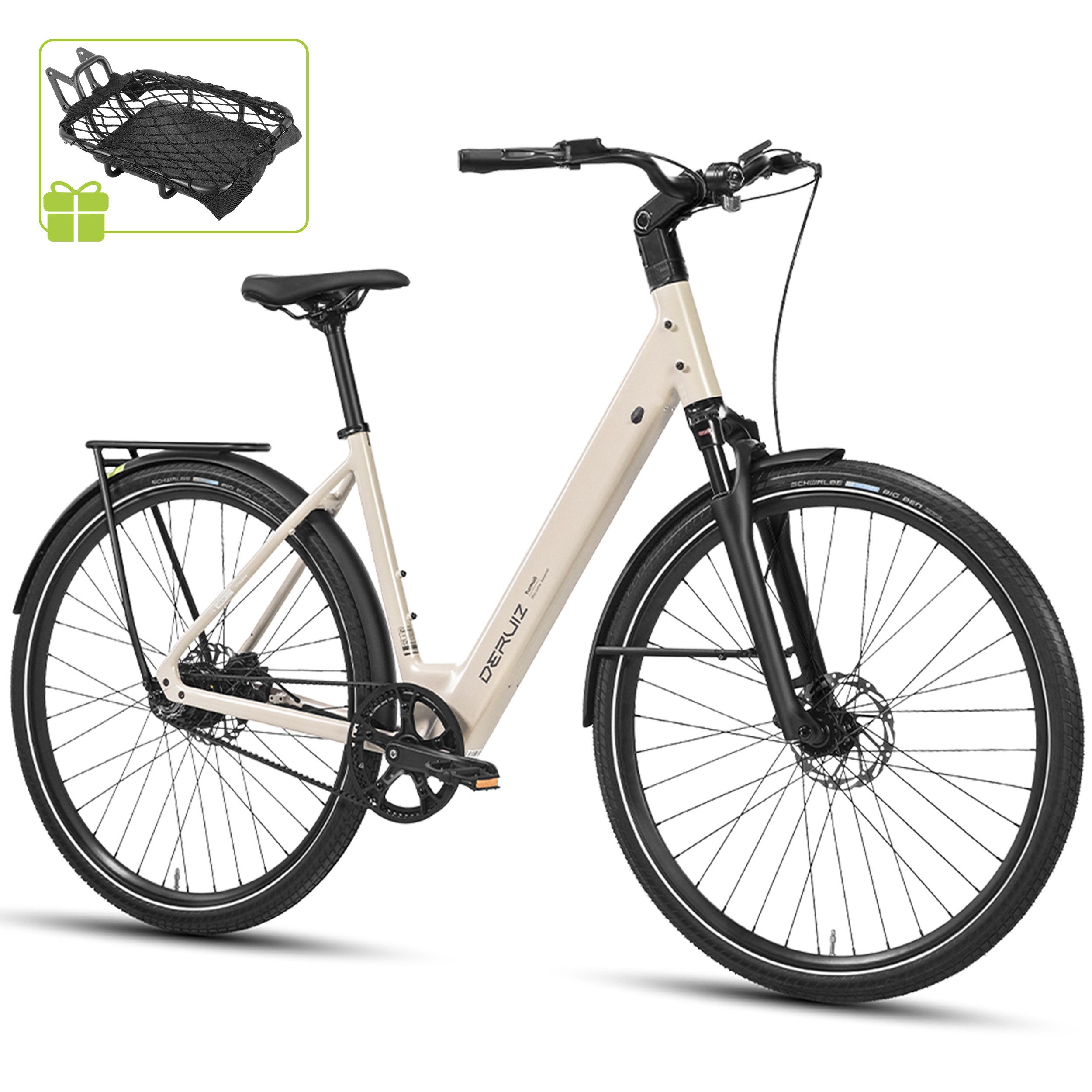 DERUIZ E-Bike Cityrad 28 Zoll, 110km, Kettenantrieb/Riemenantrieb, Bluetooth und APP, Heckmotor, 360 Wh, (Traglast ca. 140kg, RH: 48,5cm, nur ca. 20kg, für Damen und Herren), Kadenz- und Drehmomentsensor, 80Lux Licht, Elektrofahrrad