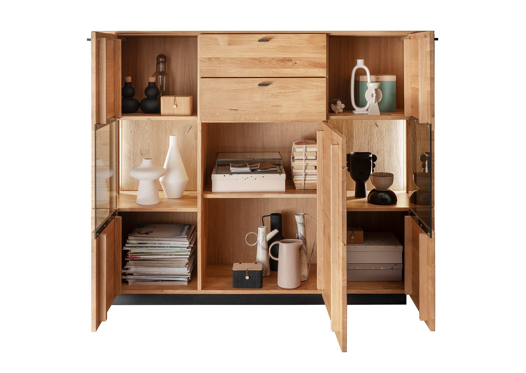 Woodroom Highboard Zwettl (Wildeiche massiv geölt), Maße 157x127x42, Kommode, Schrank mit Glastür, massiv