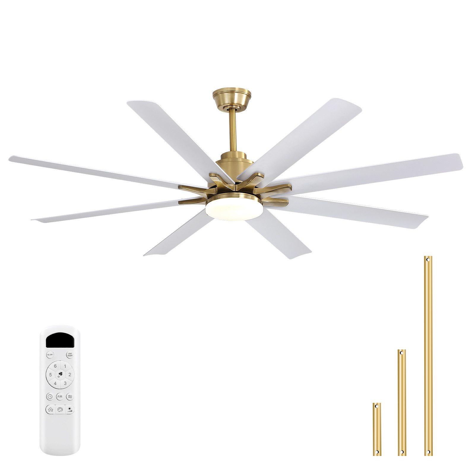 Sofucor Deckenventilator mit Licht und Fernbedienung, 132 cm, 8 ABS-Flügel, 8 weiße ABS‑Flügel, 1‑/4‑/8‑Stunden‑Timer