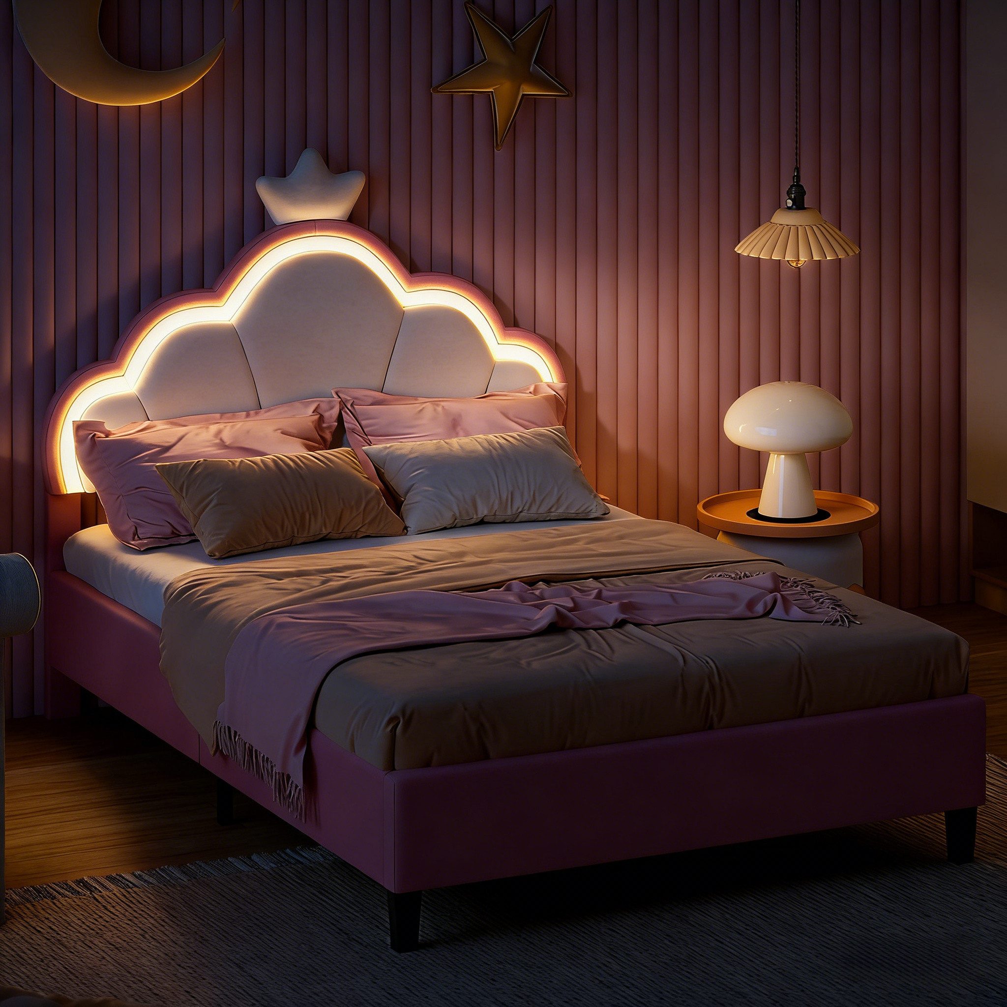 Furnishings Home Kinderbett Polsterbett LED mit Hasenohren Kopfteil 90x200 cm (1-tlg., LED Beleuchtung steuerbar per App/Fernbedienung), Einzelbett mit Krone Kopfteil und Lattenrost, Samt