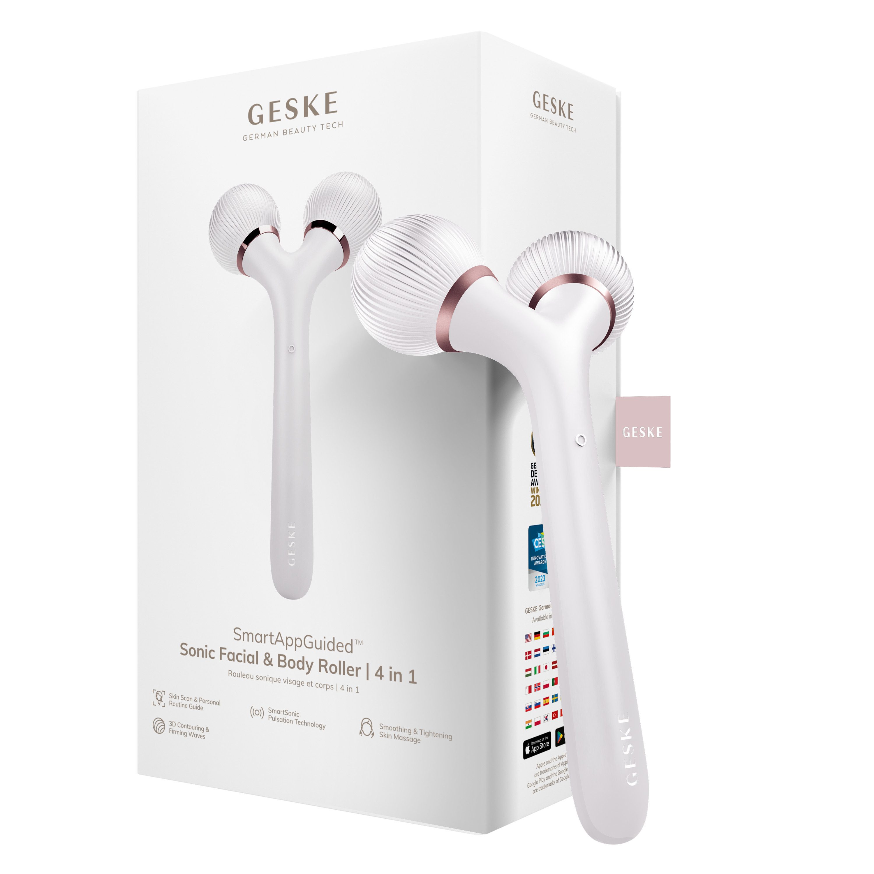 GESKE German Beauty Tech Dermaroller SmartAppGuided™ Sonic Facial & Body Roller 4 in 1, Packung (Gerät & USB-Ladekabel), 2-tlg., Gerät inkl. kostenloser APP (SmartAppGuided Device), Mit der GESKE App erhältst Du deine personalisierte Hautpflegeroutine.
