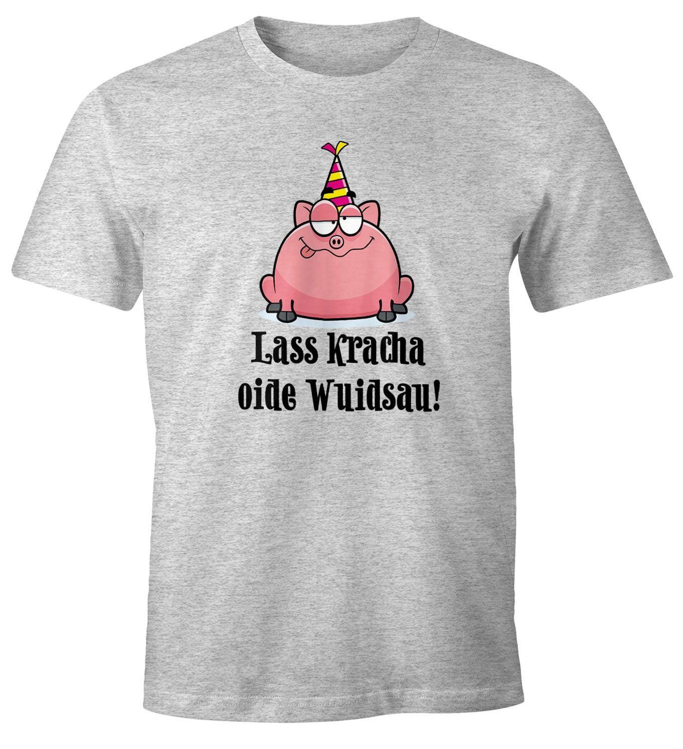 MoonWorks Print-Shirt Herren T-Shirt Geburtstag Schwein Spruch Lass kracha oide Wuidsau Fun-Shirt Geschenk Moonworks® mit Print grau | T-Shirts