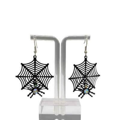Eyecatcher Ohrring und Ketten Set Halloween Ohrhaken im Spinnennetz Design mit Spinne schwarz (Paar)