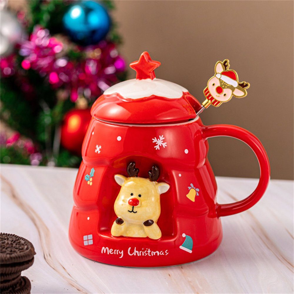 Rouemi Tasse Weihnachts-Keramikbecher, Elchbecher mit Deckel Löffel Geschenkkarton Rot