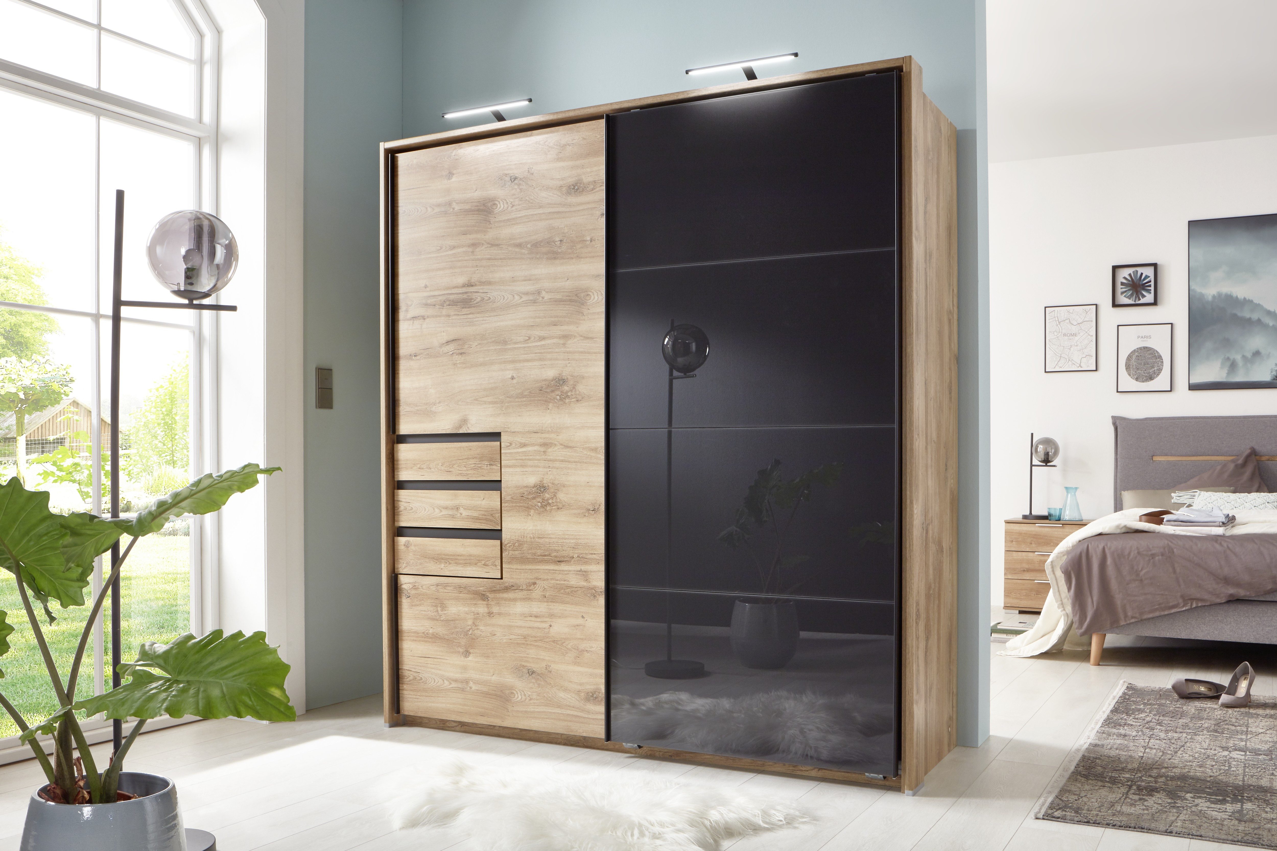 möbel-direkt.de Schwebetürenschrank Oldenburg in Artisan Eiche mit Glasfront Grey (komplett, 1-St., Kleiderschrank) Made in Germany, Glasfront