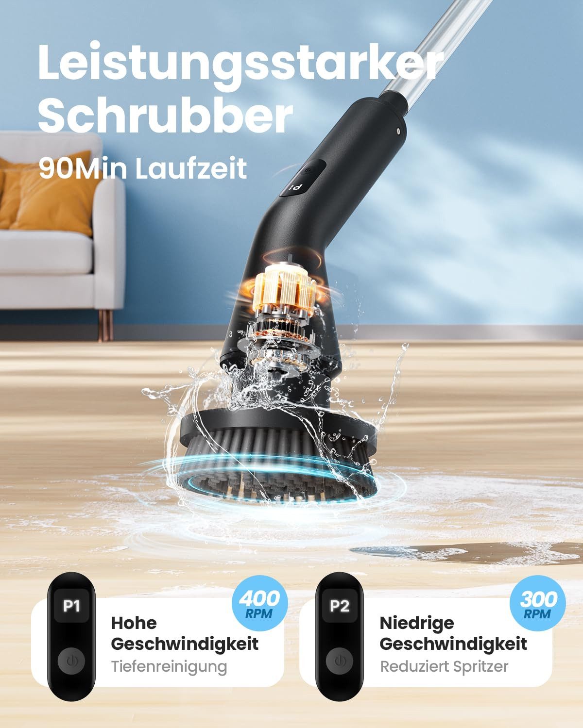 AIBISTAR Elektro-Oberflächenbürste Elektrische Reinigungsbürste, 7 Aufsätze, 2 Stufen, IPX7, Reinigungsbürsten-Set, Teleskopgriff,wasserdicht,Ideal für Bad, Boden, Küche & Auto