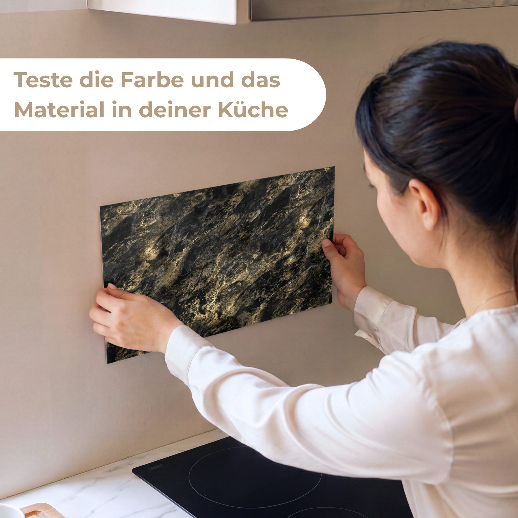 KitchenYeah Küchenrückwand Muster selbstklebend (keine Folie) Marmor - Schwarz - Gold, (1-tlg), Spritzschutz, Küche, Rückwand, Küchenwand, Küchenfront, 30x20 cm