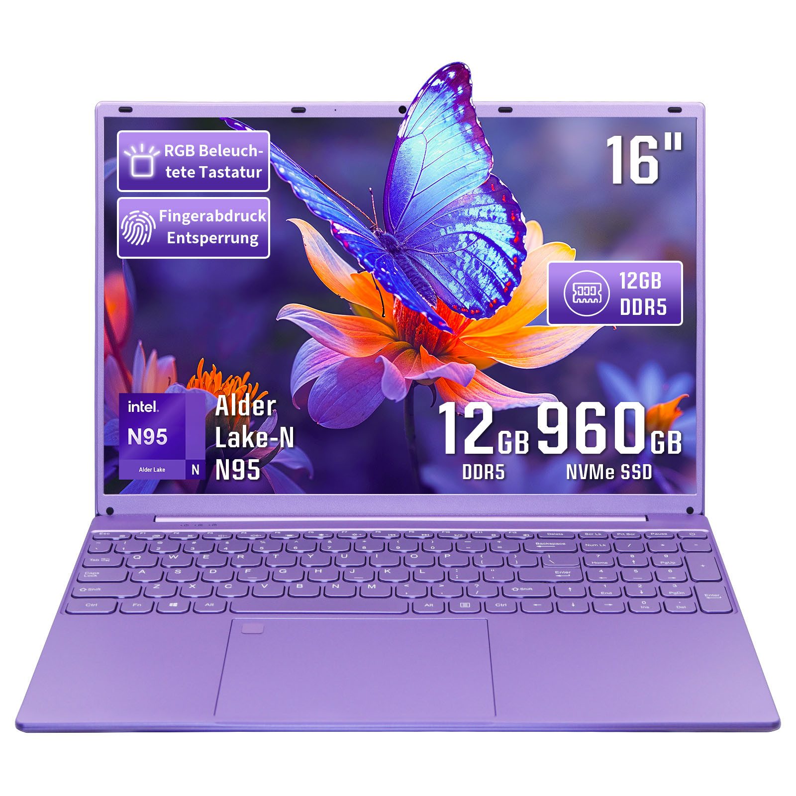 LONGEVINCE 16" Laptop, FHD Display, N95 CPU, 180° Scharnierdesign Notebook (40,64 cm/16 Zoll, Intel Alder Lake-N, Intel UHD Graphics, 960 GB SSD, Tastatur mit Hintergrundbeleuchtung, Fingerabdruckerkennung, Lila)
