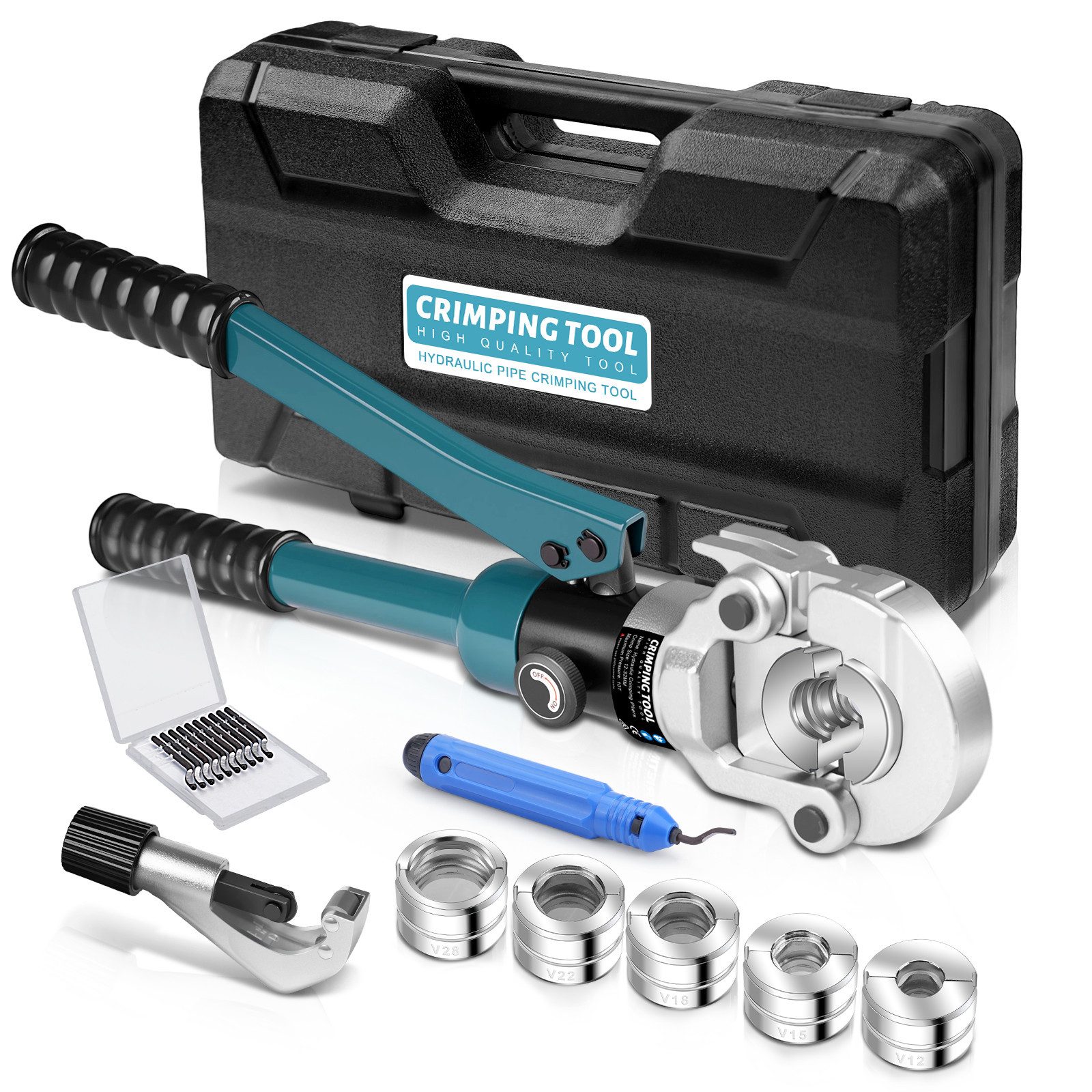 XERSEK Kneifzange Hydraulische Presszange V-Kontur Rohrpresszange Crimpzange, Presswerkzeug Handpresszange V12 V15 V18 V22 V28, Backeneinsätze mit Rohrabschneider, für Kupferrohr Und Verbundrohr