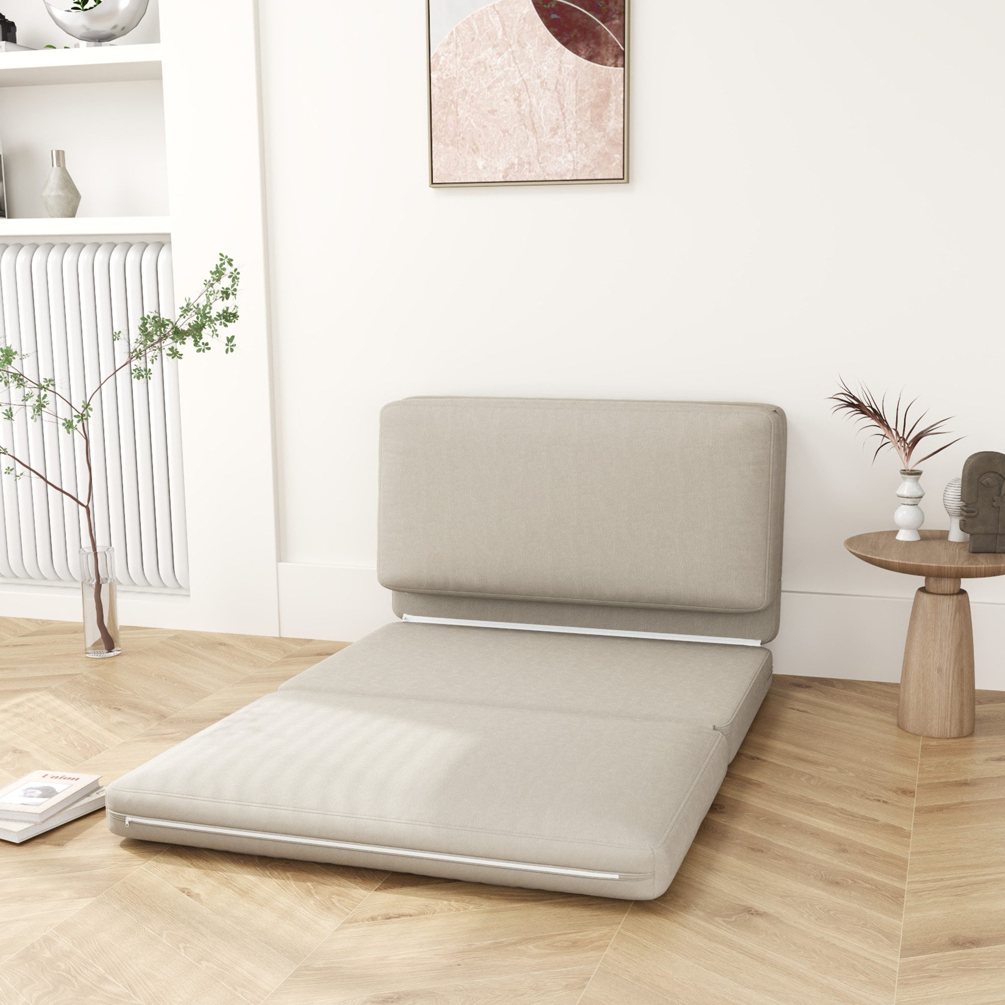 HOMCOM Sitzkissen 3-in-1 Klappbar Schlafsofa mit Samtoptik, für Schlafzimmer, Wohnzimmer, Beige