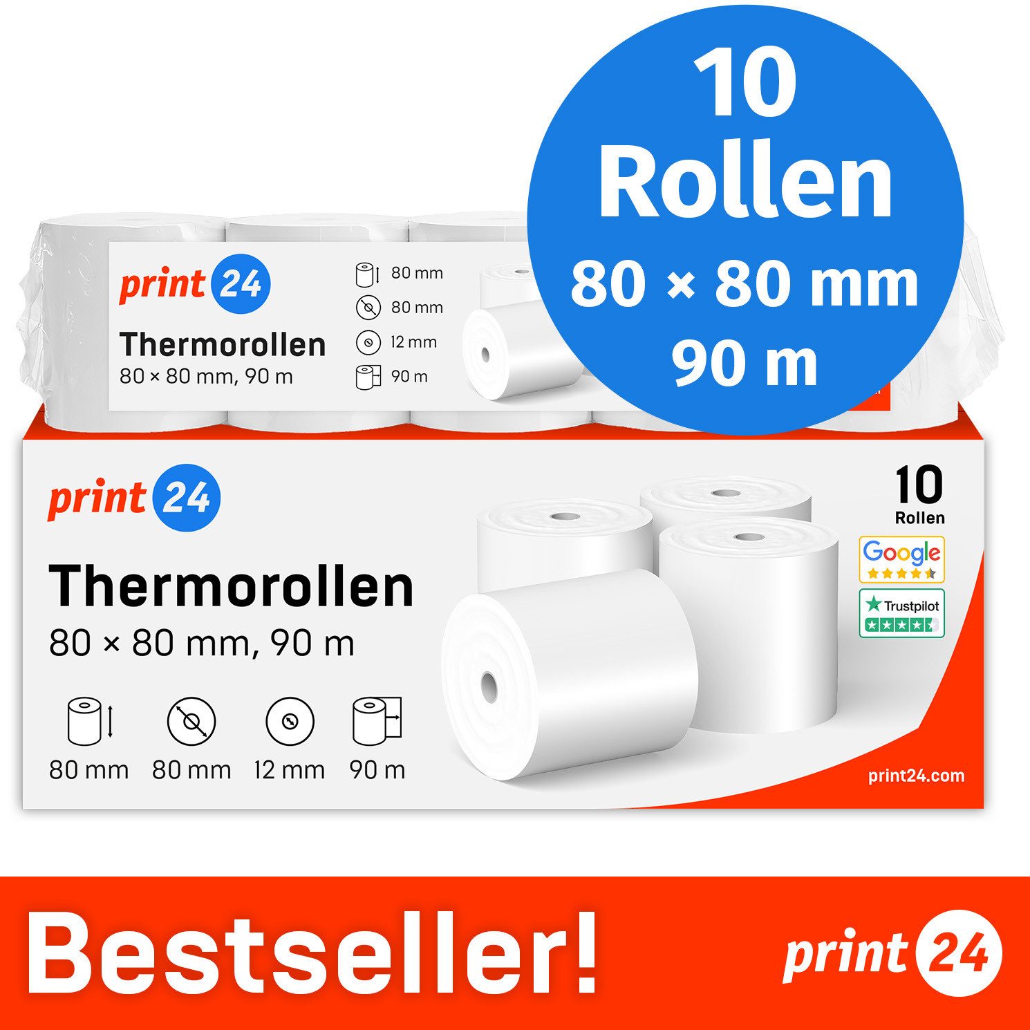 print24 Endlospapier Thermorollen, 80 x 80 x 12mm, 90m, PEFC, Für EPSON, IBM, u.v.m., PEFC-Zertifikat (GFA-PEFC-COC-500582)