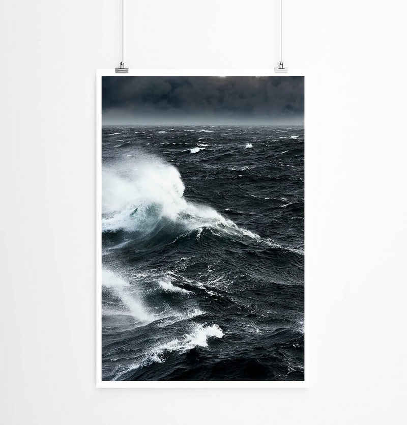 Sinus Art Poster Landschaftsfotografie 60x90cm Poster Spitzende Wellen im Wind Schwarz Weiß