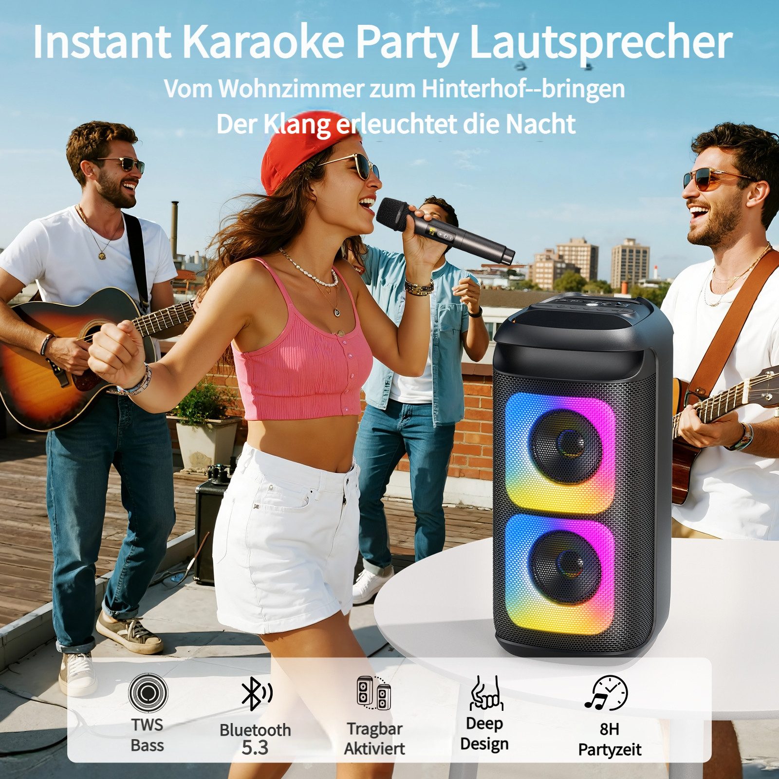 JYX Tragbarer Bluetooth-Speaker mit 2 Funkmikrofonen Bluetooth-Lautsprecher (Bluetooth, 180 W, Kräftiger Bass, Disco-RGB-Licht & bis zu 8 Std. Spielzeit)