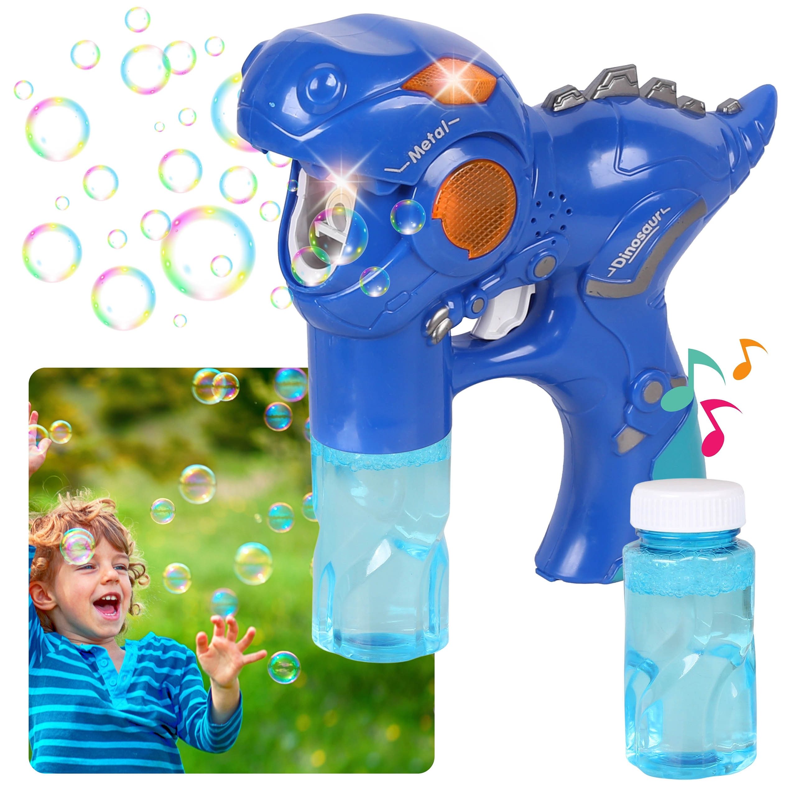 Sarcia.eu Seifenblasenpistole Dinosaurier Seifenblasenpistole mit LED,Sound +2 Nachfüllflaschen BLAU